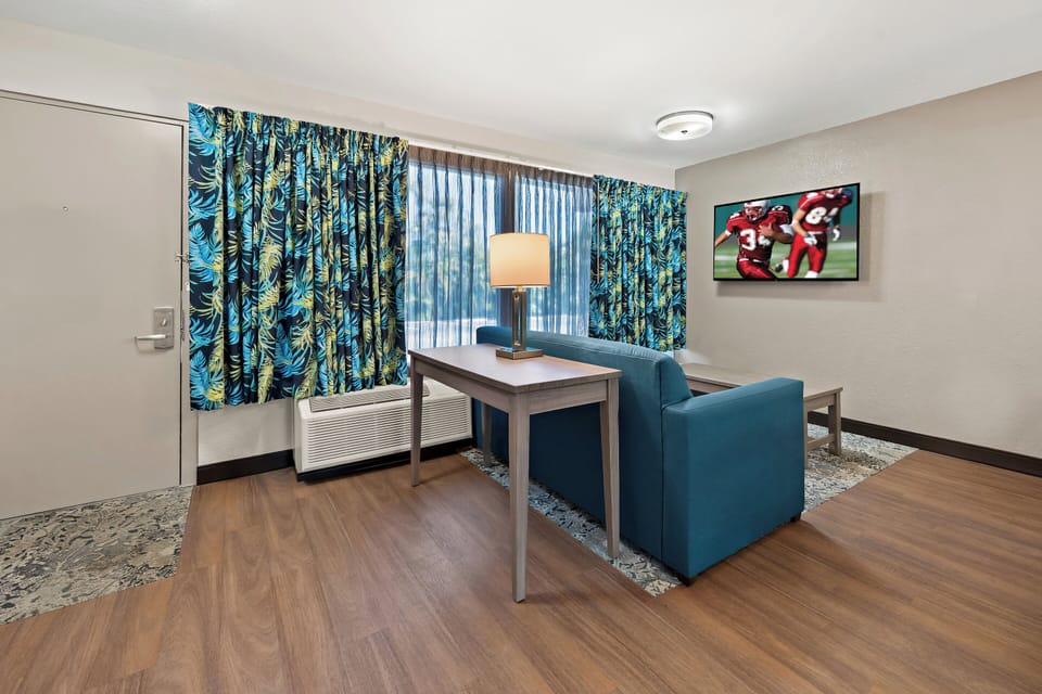 Desk, laptop workspace, blackout drapes, free WiFi