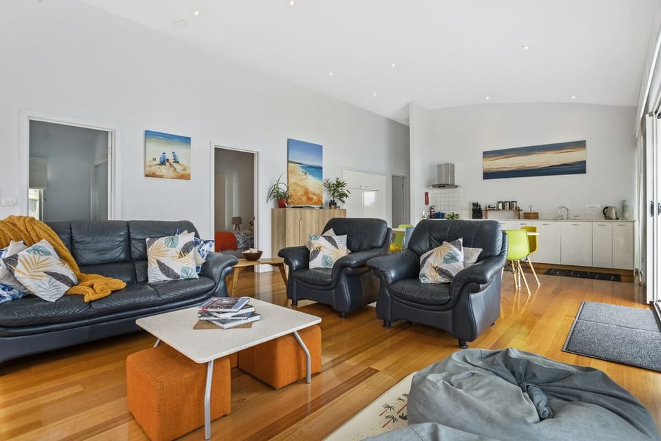 Open plan living, dining and kitchen.