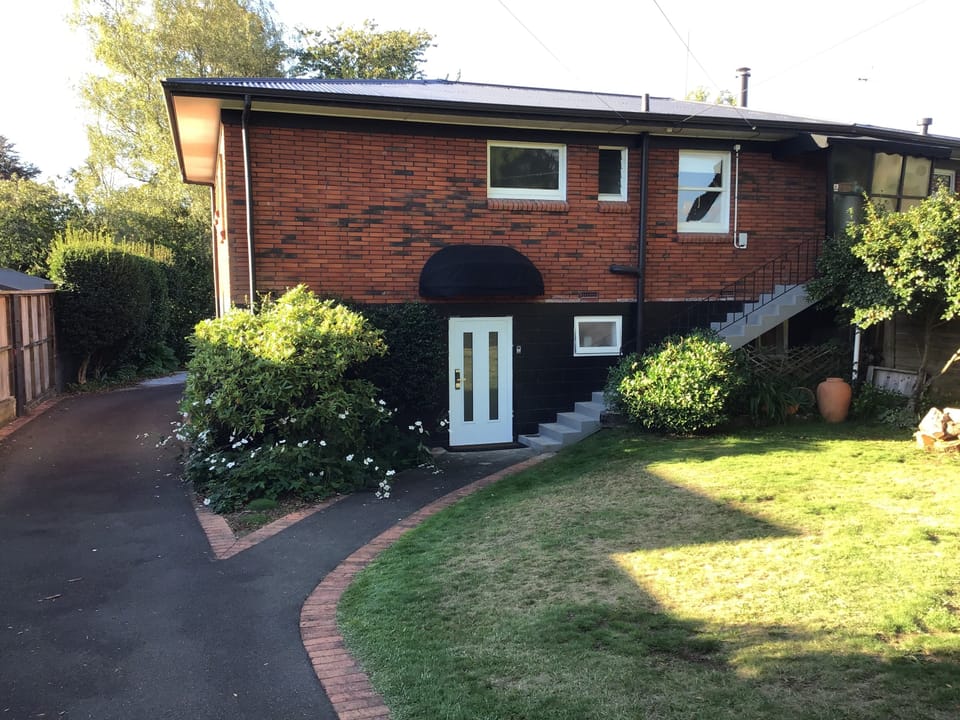 Entry door with electronic keypad.