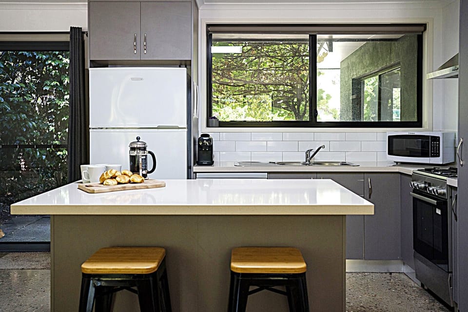 New kitchen.  Full size family fridge.  Coffee pod machine-starter pods included