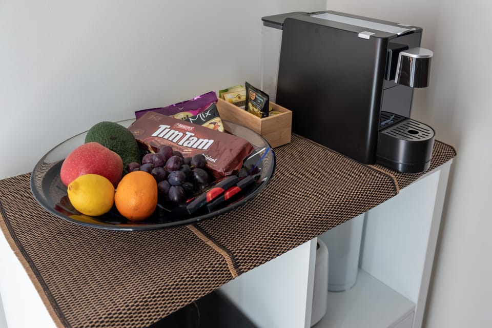 Your likely welcome pack of fruit, nuts & chocolates. And, of course, the coffee