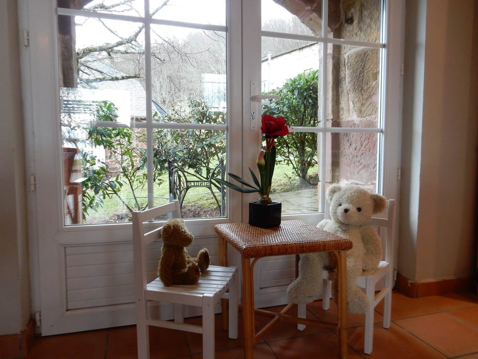Coin lumineux du gîte Grande Ourse à Noailhac avec vue sur le jardin et décoration chaleureuse