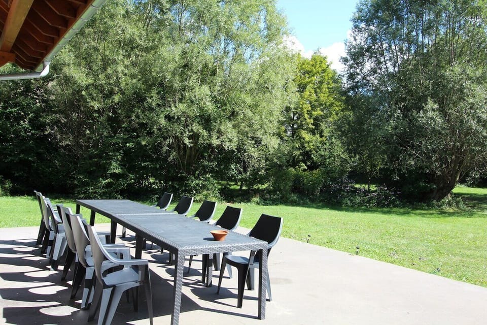 Ample seating on the terrace for groups of happy cyclists