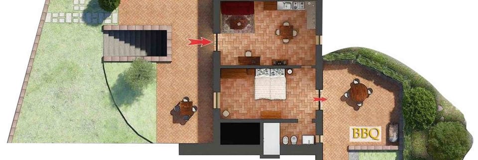Molinello apartment floor plan showing front and back terrces with BBQ