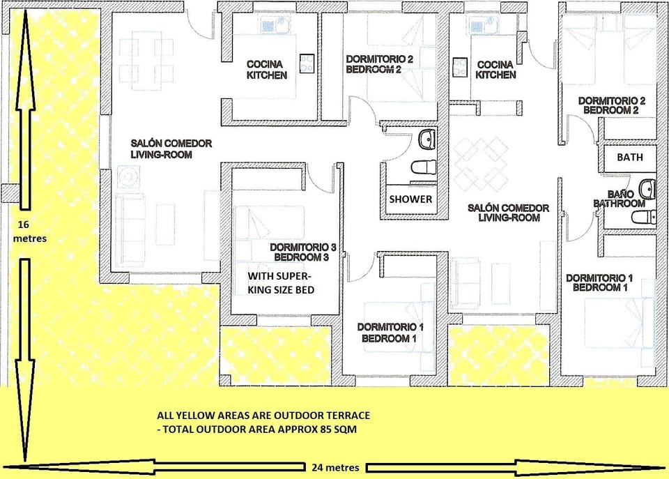 Plan of the joined-together apartments - making a 5 bed & 2 bath apartment.