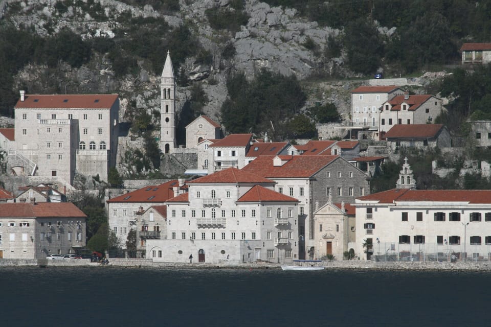 Telephoto view of historic Prcanj about 9km from Kotor - boat trips to island.