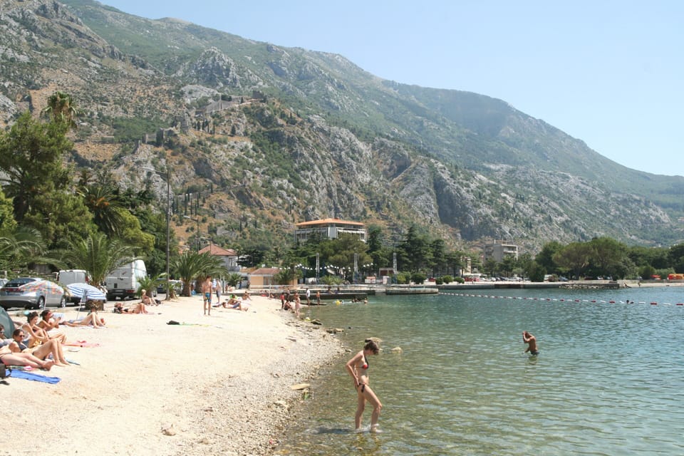 Dobrota beach just 500 metres from apartment, looking towards Kotor.