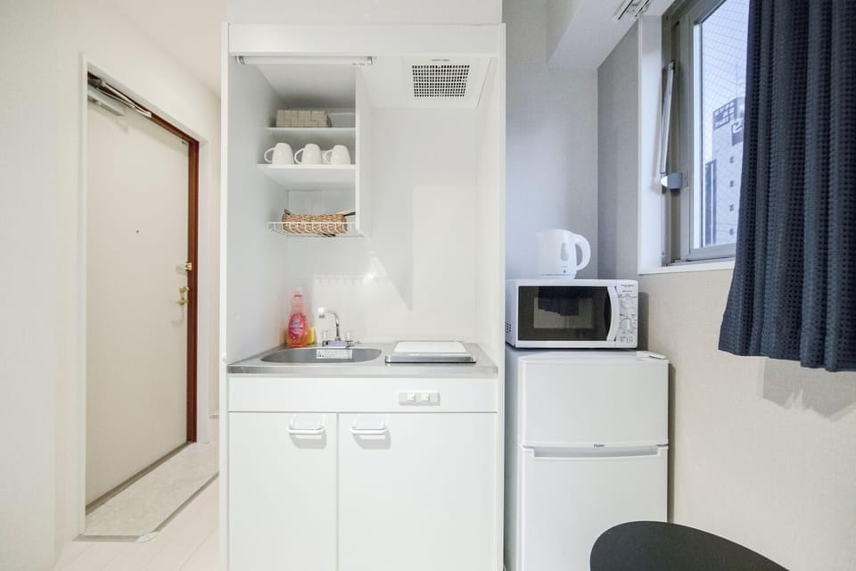 Fridge, microwave, stovetop, electric kettle