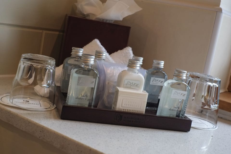 Separate tub and shower, free toiletries, bathrobes, towels