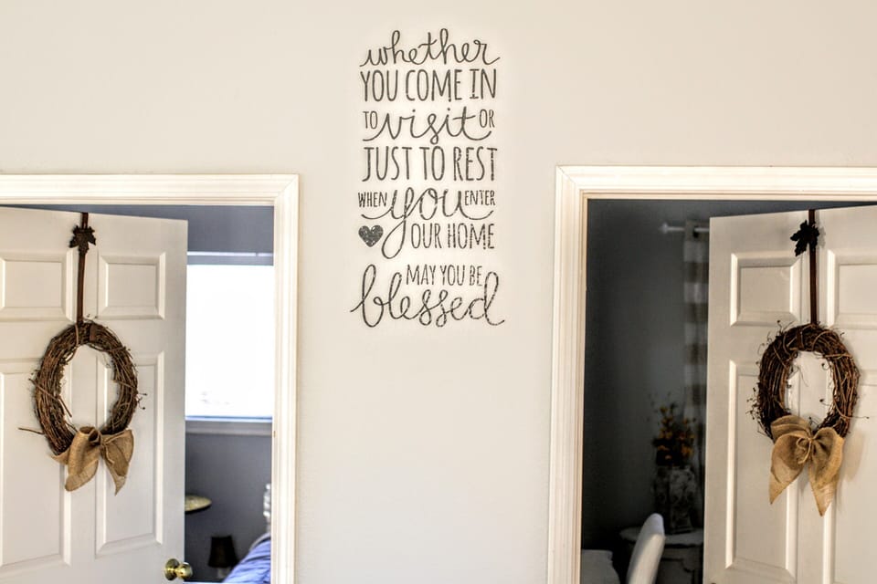 The twin bedroom is the left door, and the full bedroom is the right door.