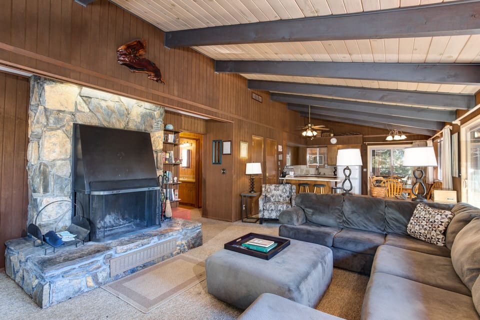 Large stone fireplace in the living room