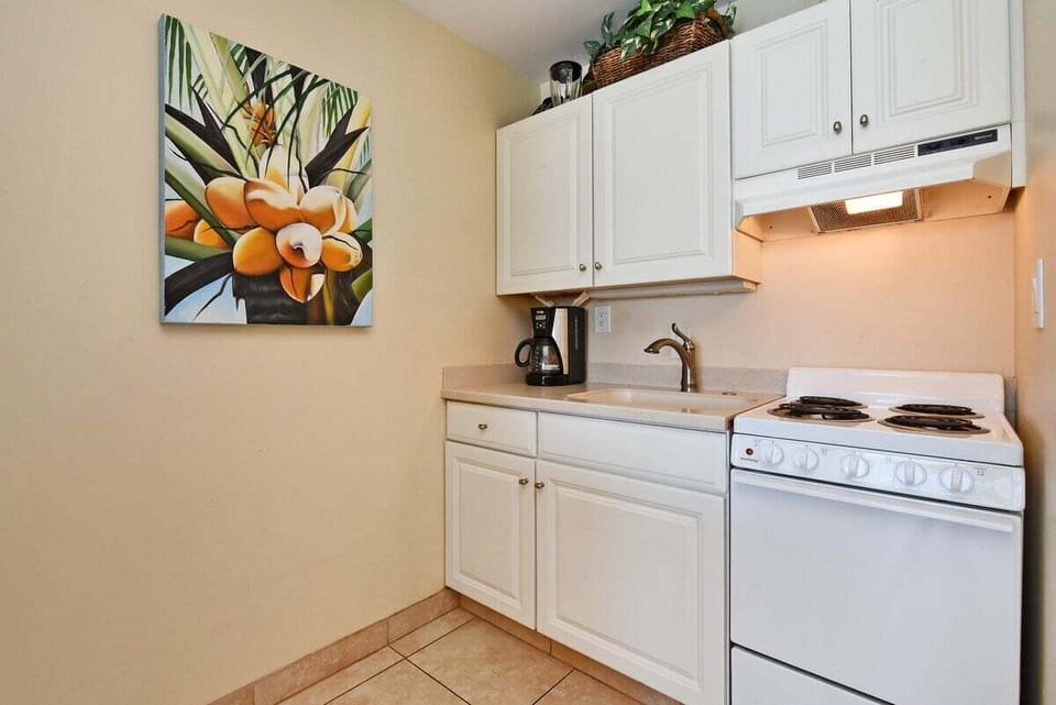 Another kitchen view with coil‑burner stove, range hood, and tidy counter space, simple and functional with clean white cabinets.