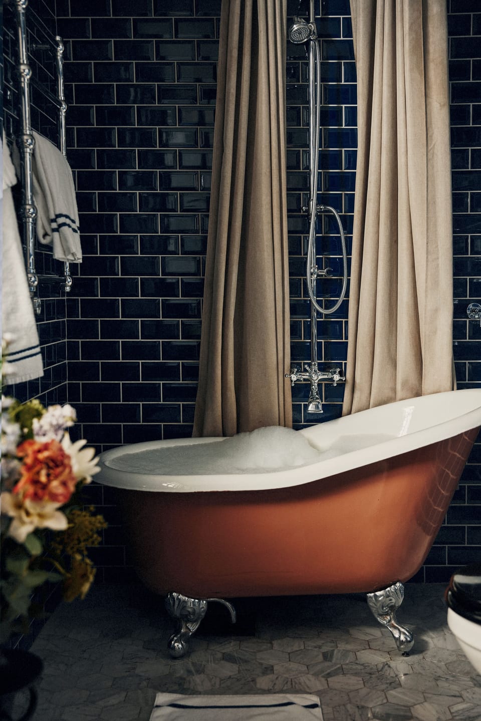 Shower, rainfall showerhead, designer toiletries, hair dryer