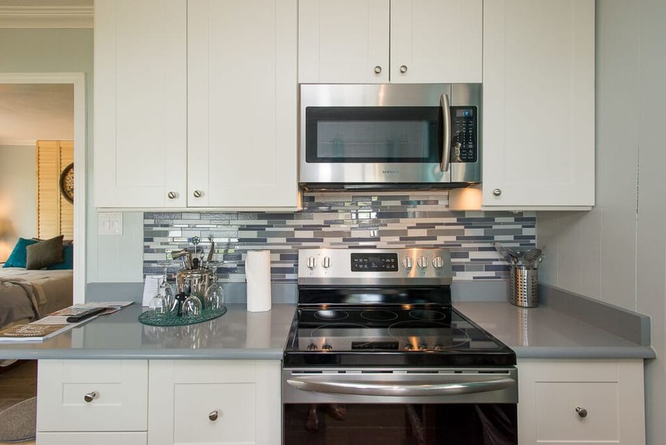 The kitchen is newly updated and adds to the charm of the cabin.