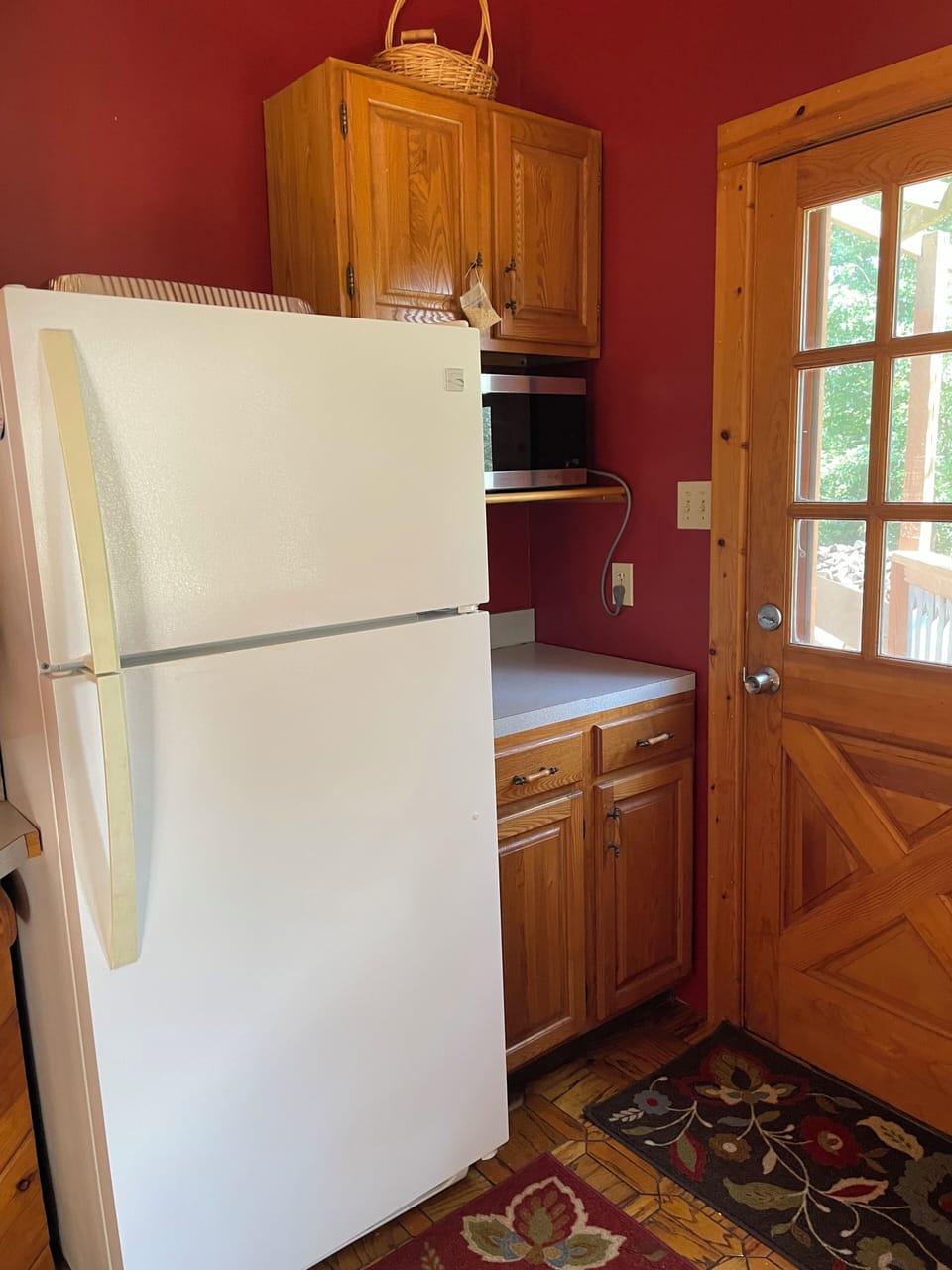 Kitchen Fridge and Microwave with door access to the Patio.