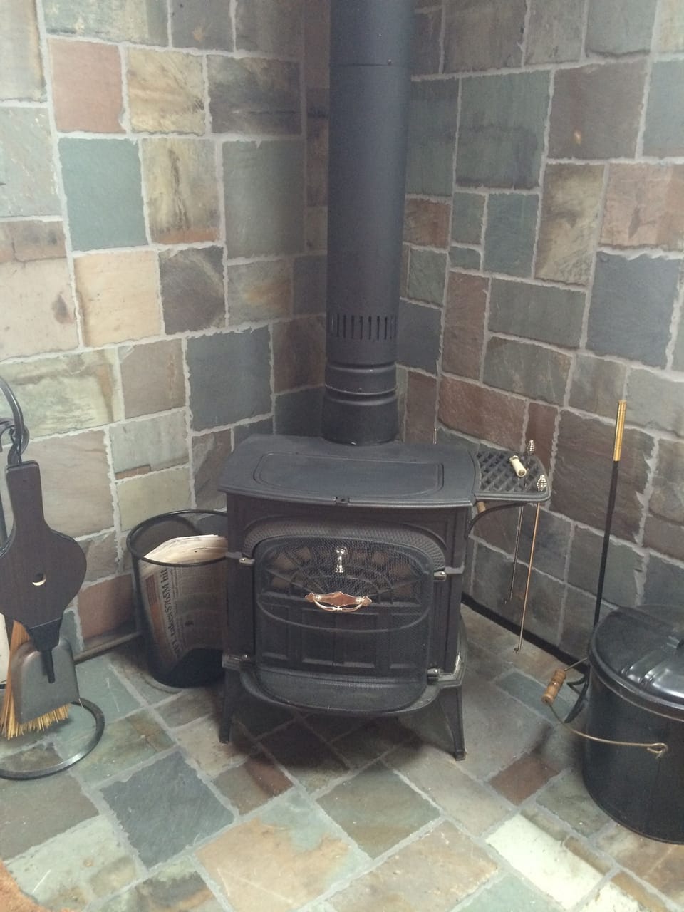 Wood stove heats the whole cabin in winter