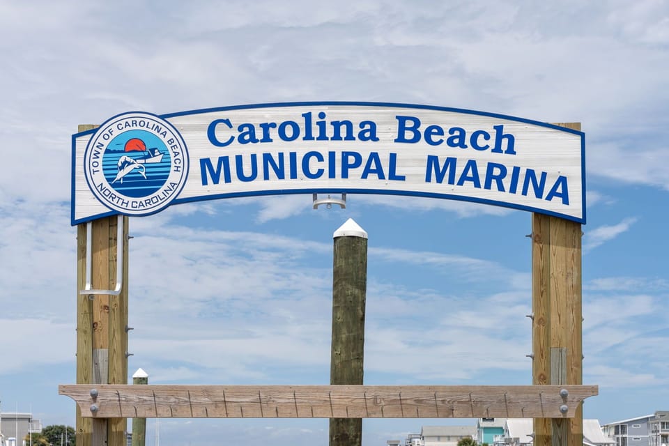 Carolina Beach Municipal Marina entrance sign welcomes boaters to this coastal North Carolina destination.