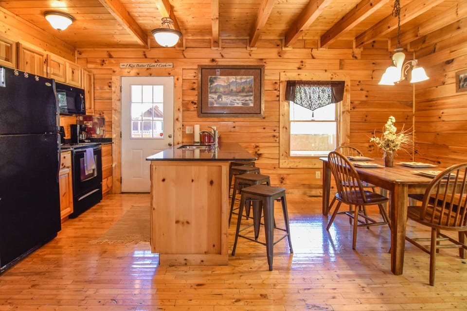 Plenty of seating in this dining room and kitchen