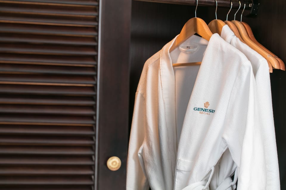 Combined shower/tub, free toiletries, hair dryer, bathrobes