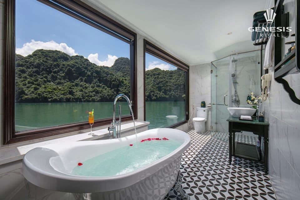 Combined shower/tub, free toiletries, hair dryer, bathrobes