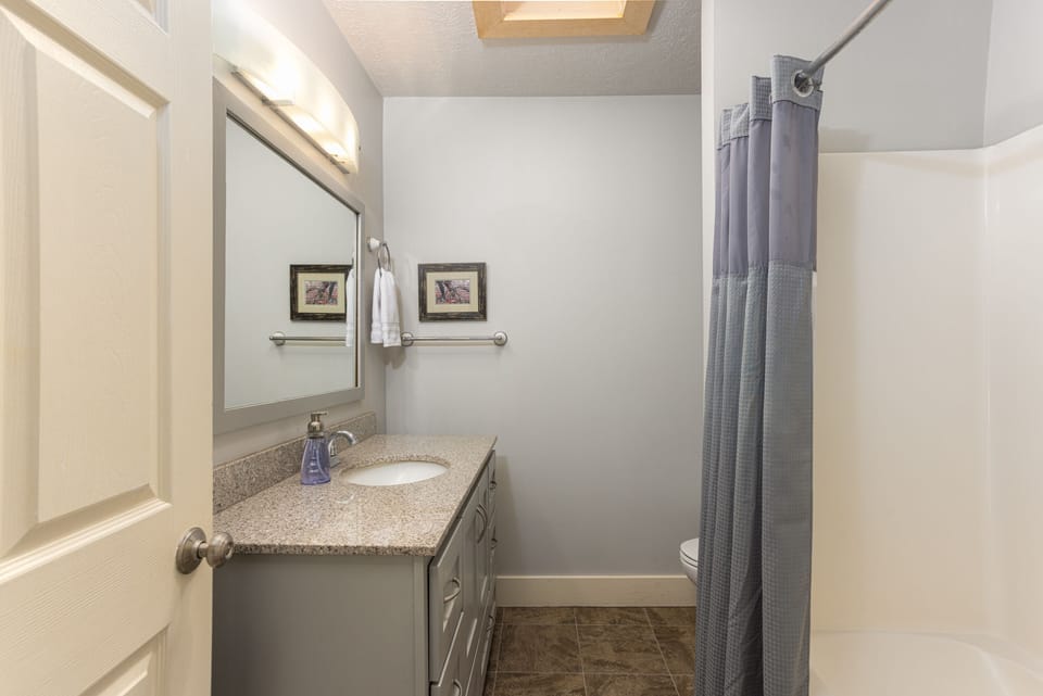 One large bathroom with tub shower combination