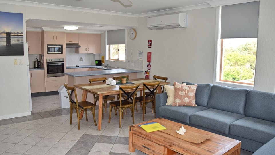 Living, kitchen and dining.