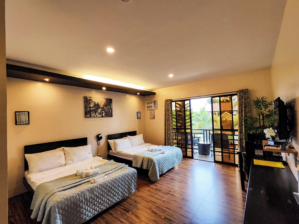 Premium bedding, desk, laptop workspace, soundproofing