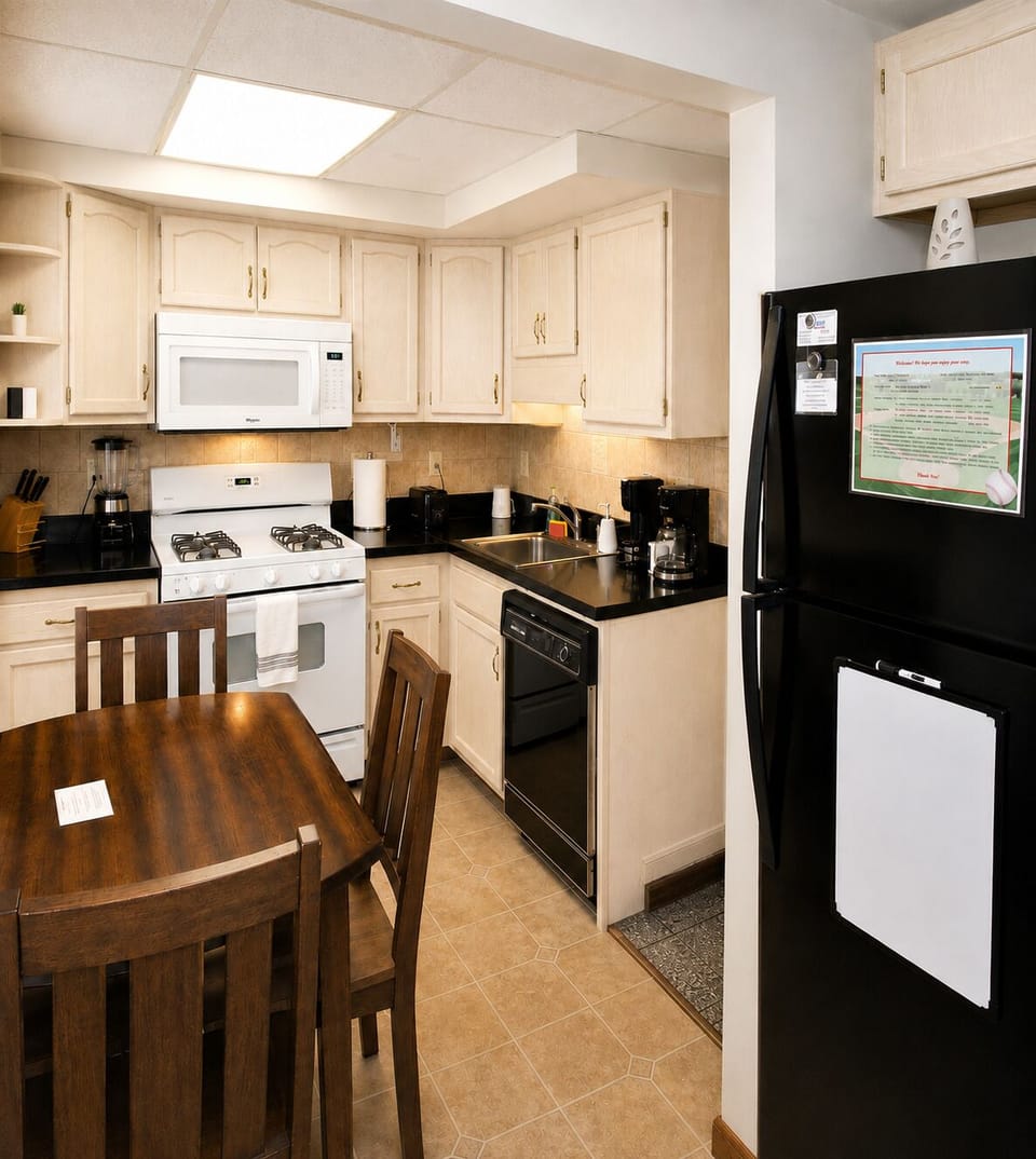 Eat in kitchen with a full size refrigerator with automatic icemaker and dishwasher.