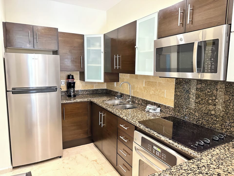 Deluxe Apartment | Private kitchen | Full-size fridge, microwave, oven, stovetop
