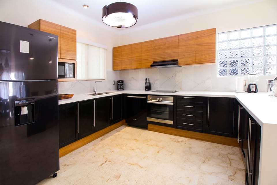 Deluxe Apartment | Private kitchen | Full-size fridge, microwave, oven, stovetop