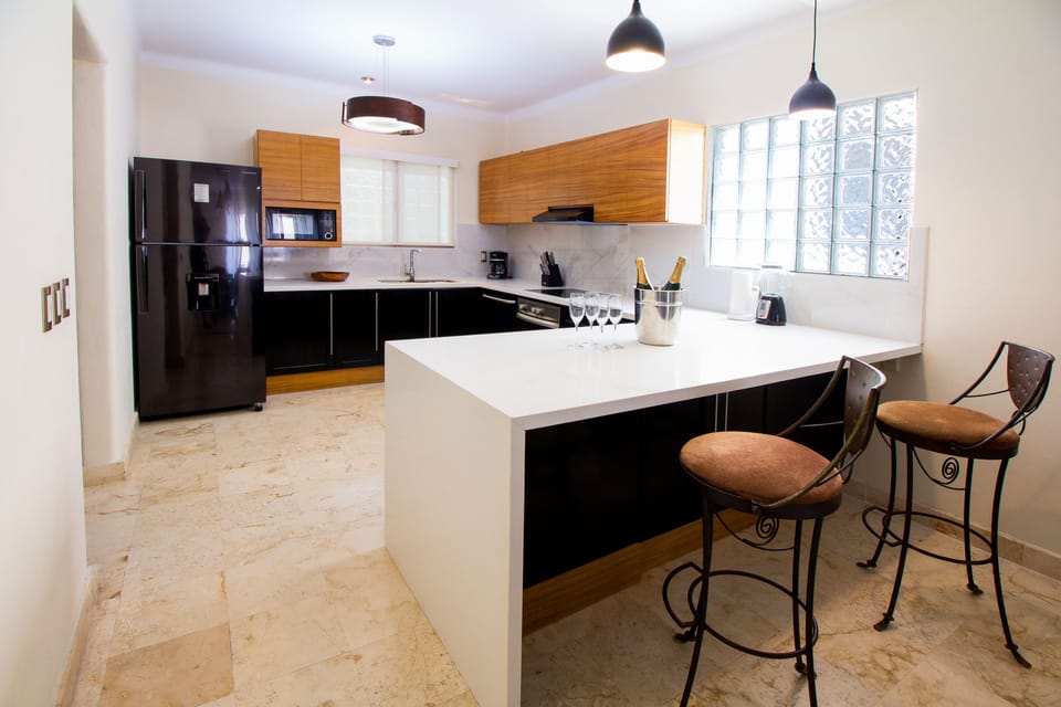 Deluxe Apartment | Private kitchen | Full-size fridge, microwave, oven, stovetop