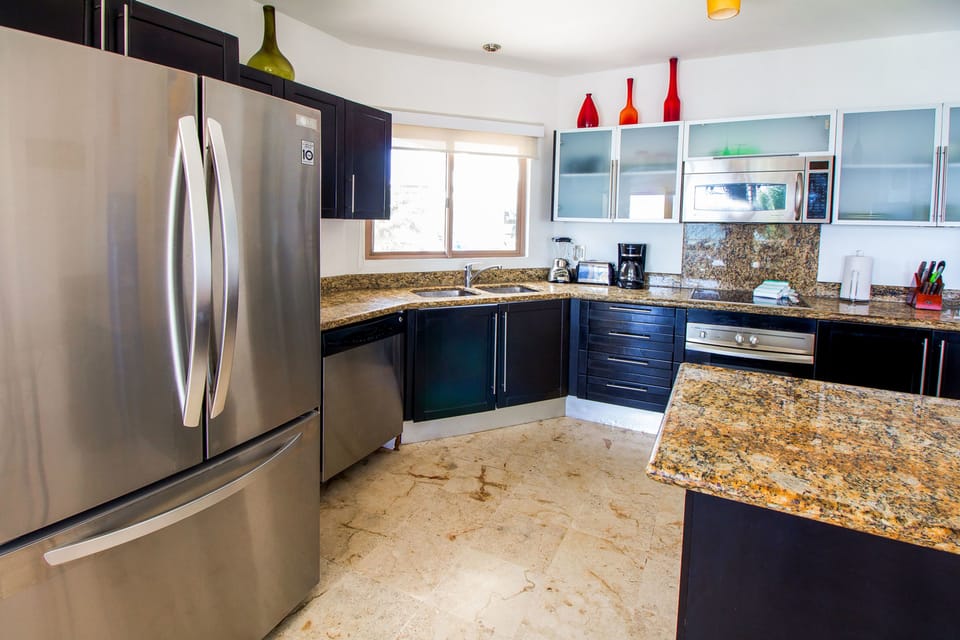 Deluxe Apartment | Private kitchen | Full-size fridge, microwave, oven, stovetop