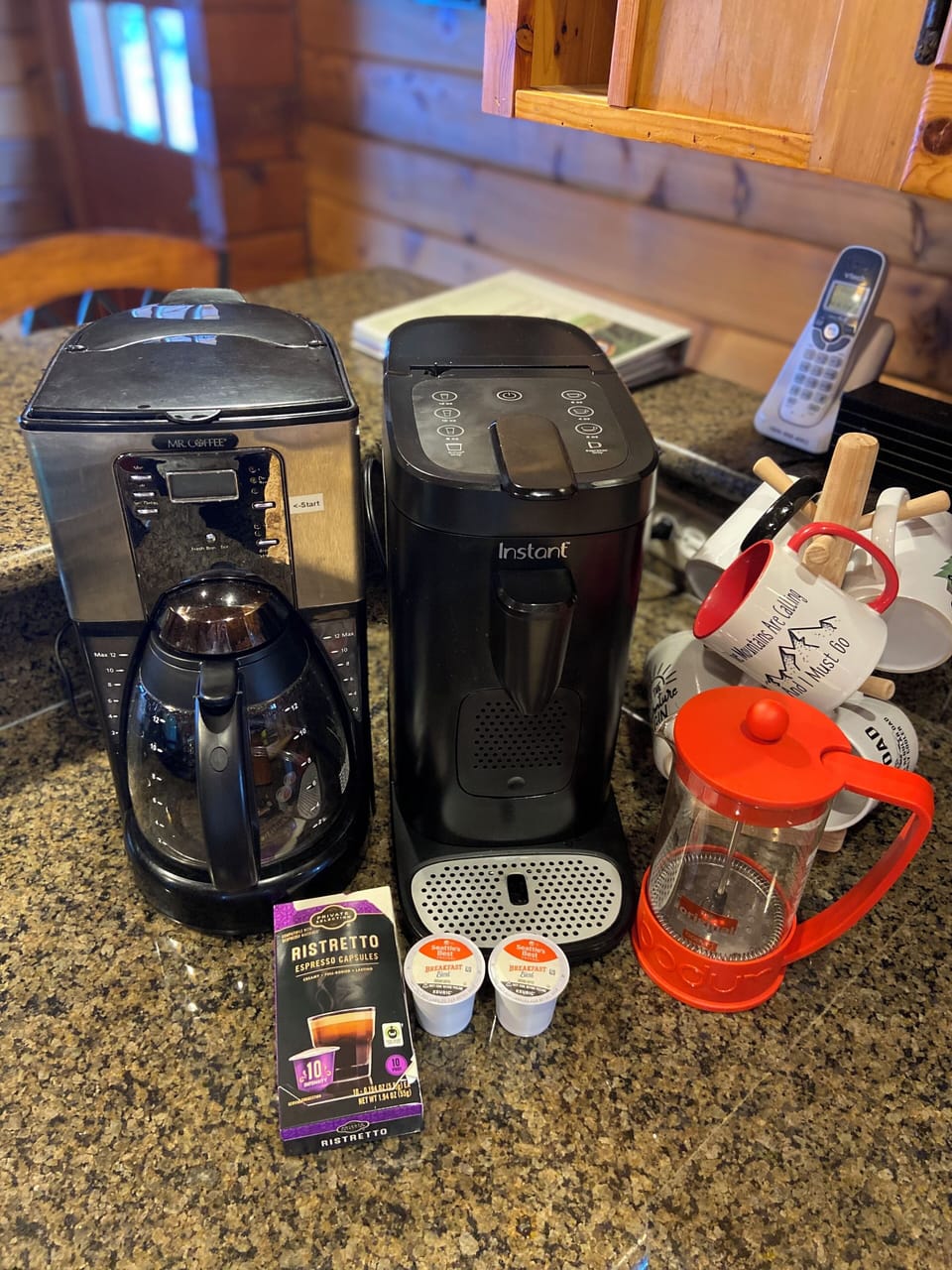 Ground drip, espresso capsules, milk frother, K cup single serve, French press.