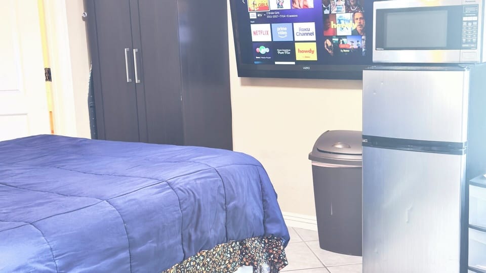 Fully equipped mini kitchen — stainless mini fridge and microwave included