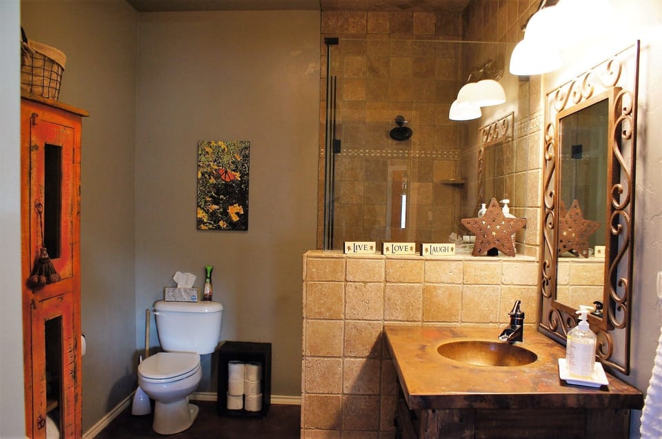 The lovely loo!  Large step-in shower and beautiful hammered copper sink.
