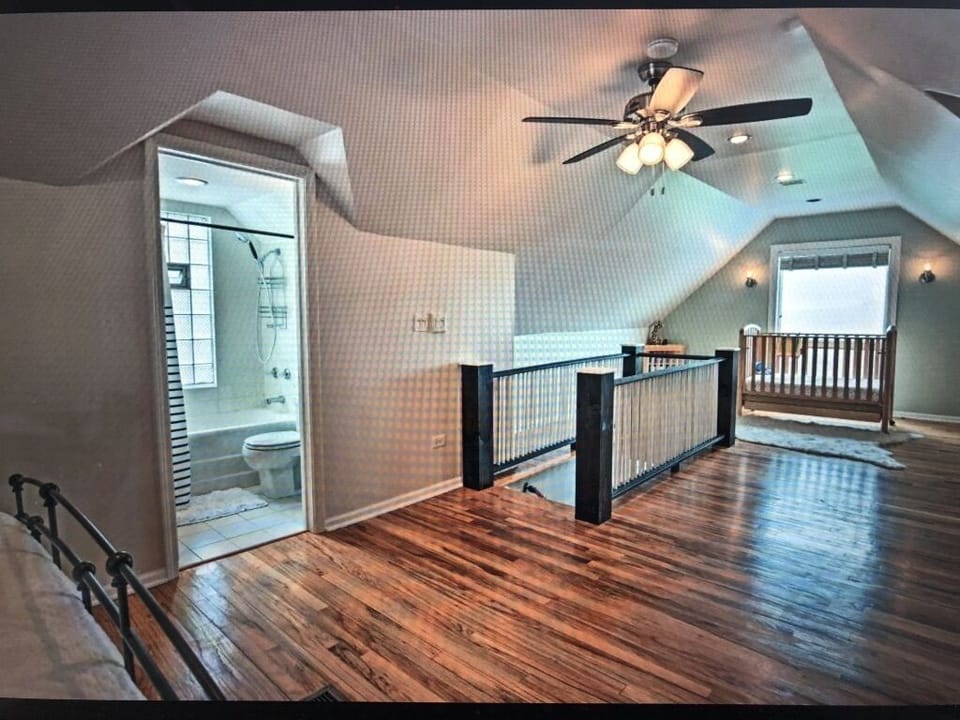 2nd floor loft area .  Crib available or air mattress for extra sleeping .