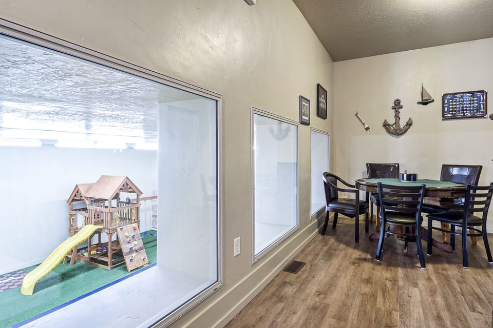 Big windows provide a way to monitor kids while they are in the play room.