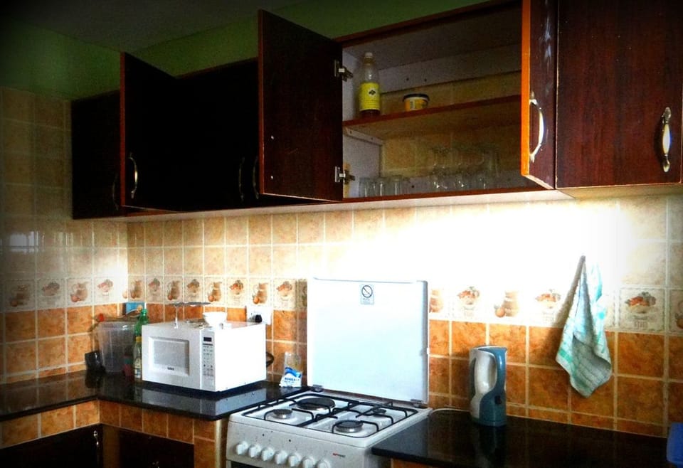 Fridge, microwave, stovetop, cookware/dishes/utensils