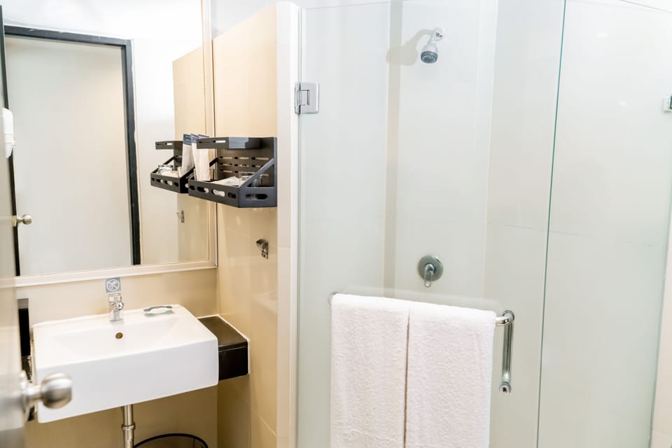 Separate tub and shower, rainfall showerhead, free toiletries