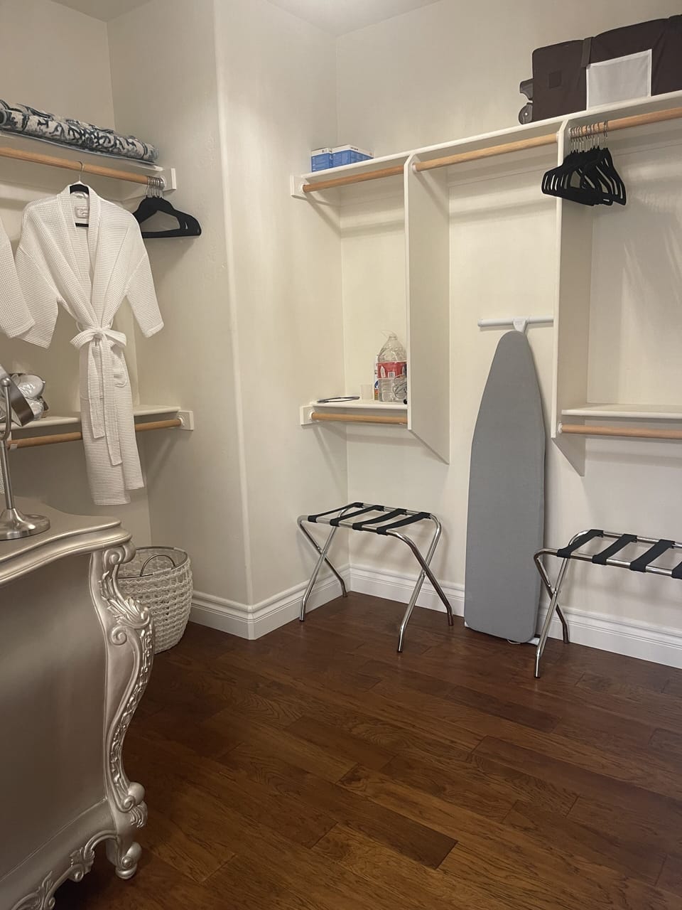 Large Walk in Master Closet with Iron and Ironing Board.  