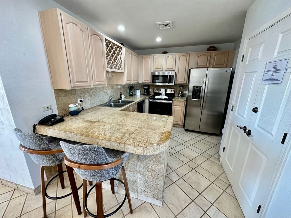 Fully stocked kitchen.