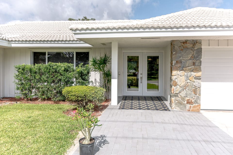 Double door entry, sloped paver entrance, for wheel chair access