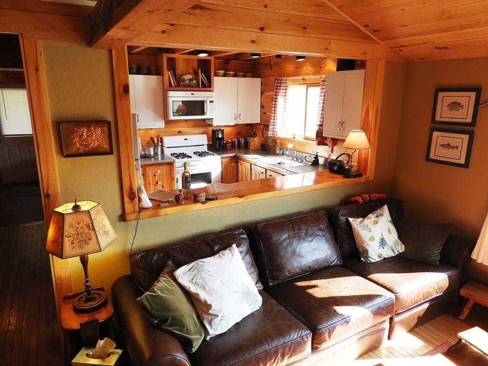 Cozy leather sofa in open plan kitchen, living dining area