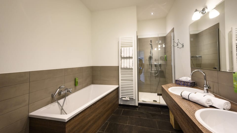 Suite | Bathroom | Free toiletries, hair dryer, bathrobes, towels