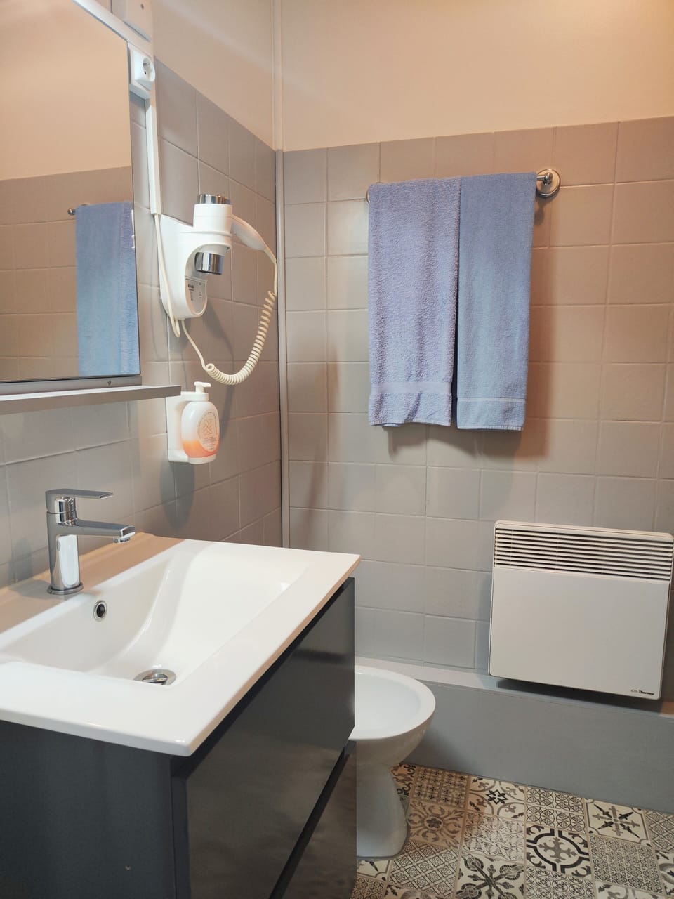 Shower, free toiletries, towels