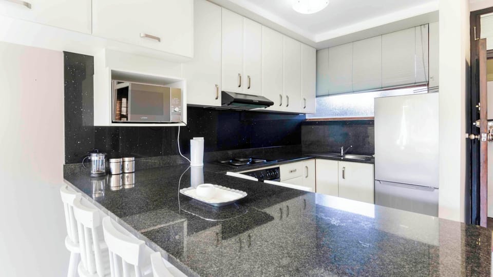 Full-size fridge, microwave, oven, stovetop