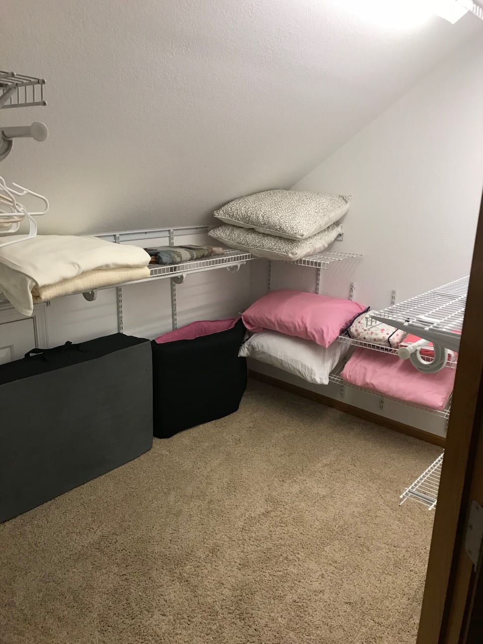 Master closet has 2 cots and bedding! Plus a box fan for fan sleepers 