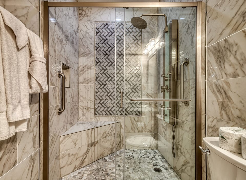 Cabin in the Smokies - Sunset Passion - Bathroom 1 with walk-in spa shower
