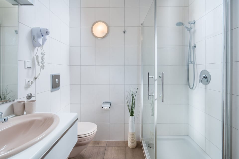 Shower, free toiletries, hair dryer, towels