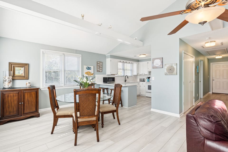 Open floor plan living room/ dining room area.